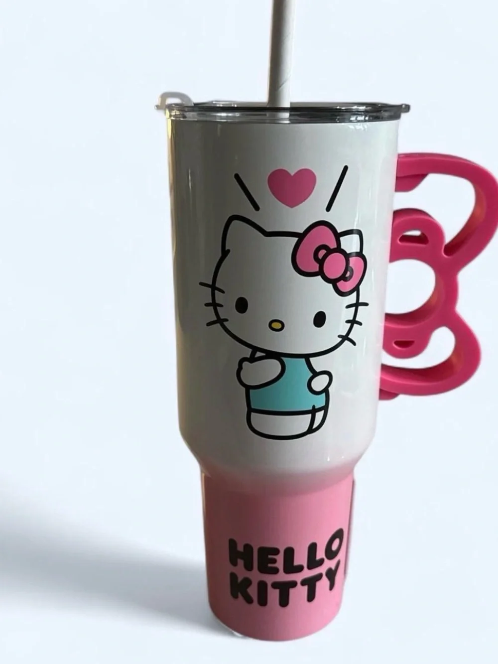 NWT Hello Kitty White Pink Blue Kids Straw Tumbler with Pink Handle